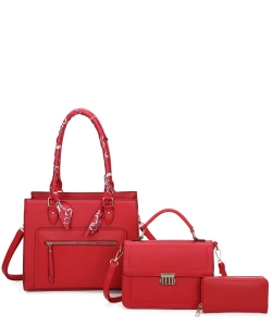 Fashion Scarf Top Handle 3in1 Satchel Set LF379T3 RED